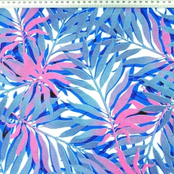 Baumwolle 100% Palmenblätter blau-rosa auf weißem Hintergrund  
