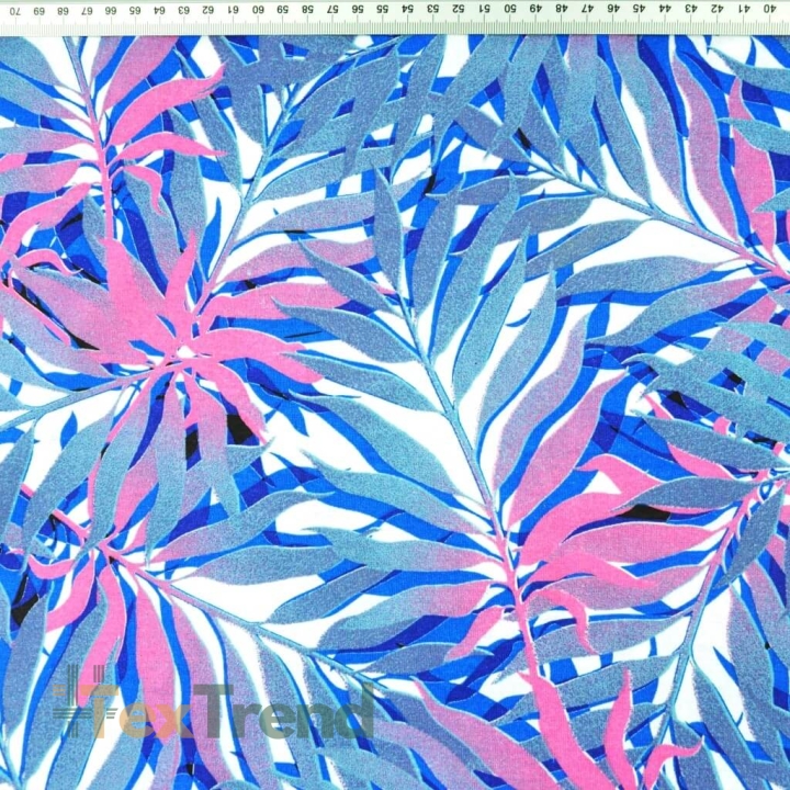 Baumwolle 100% Palmenblätter blau-rosa auf weißem Hintergrund  