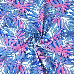 Baumwolle 100% Palmenblätter blau-rosa auf weißem Hintergrund  