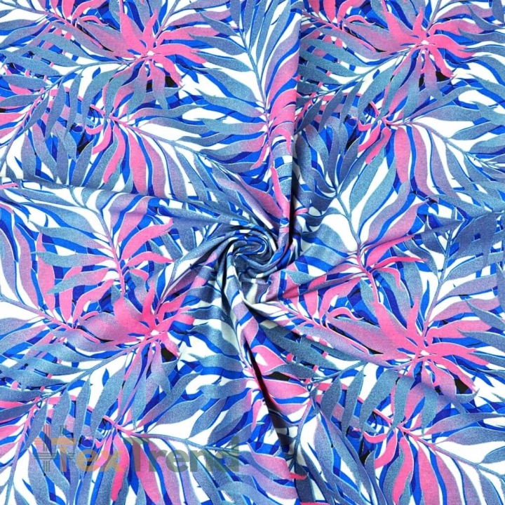 Baumwolle 100% Palmenblätter blau-rosa auf weißem Hintergrund  