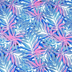 Baumwolle 100% Palmenblätter blau-rosa auf weißem Hintergrund  