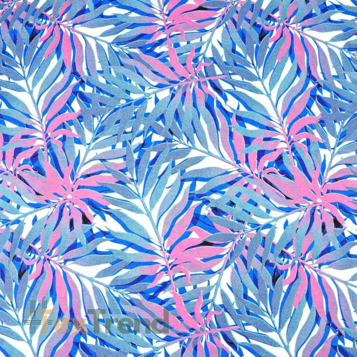 Baumwolle 100% Palmenblätter blau-rosa auf weißem Hintergrund  