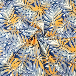 Baumwolle 100% Palmenblätter blau-orange auf weißem Hintergrund  