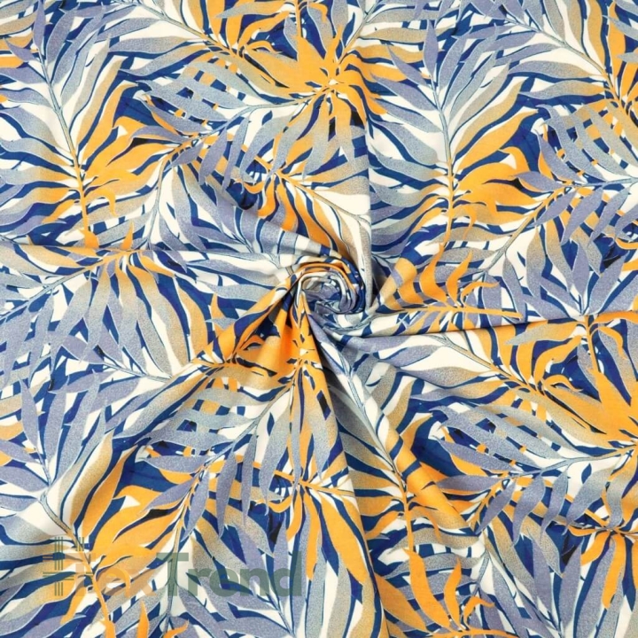 Baumwolle 100% Palmenblätter blau-orange auf weißem Hintergrund  