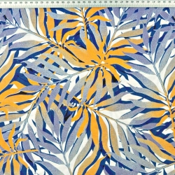 Baumwolle 100% Palmenblätter blau-orange auf weißem Hintergrund  