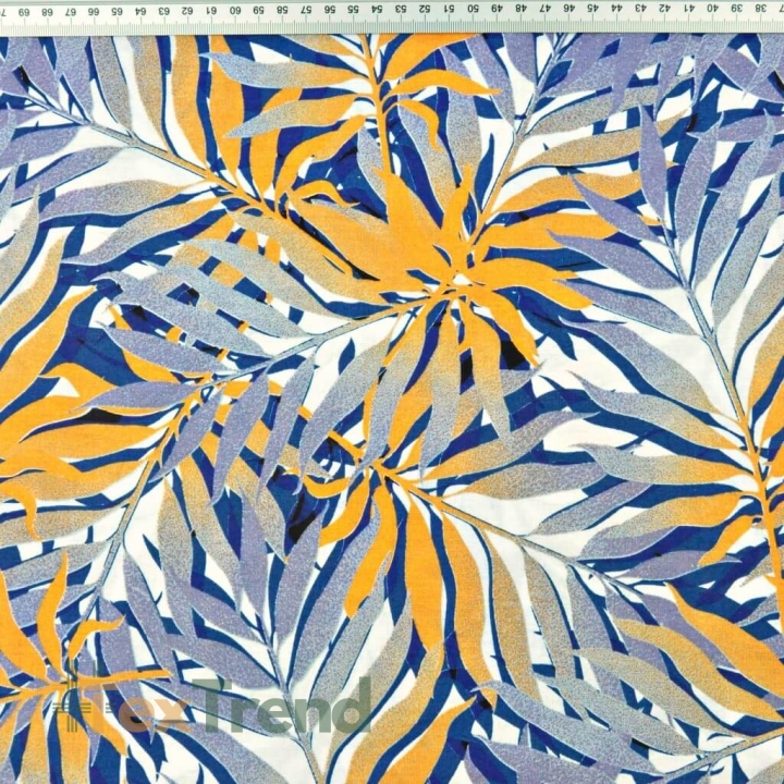 Baumwolle 100% Palmenblätter blau-orange auf weißem Hintergrund  