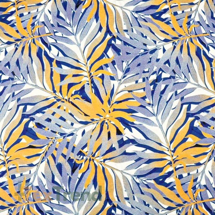 Baumwolle 100% Palmenblätter blau-orange auf weißem Hintergrund  