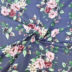 Baumwolle 100% rosa-dunkelblaue Blumensträuße mit grünen Blättern auf dunkelblauem Hintergrund  