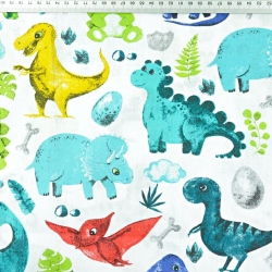 Baumwolle 100% Dinosaurier mit rotem Pterodaktylus auf weißem Hintergrund  