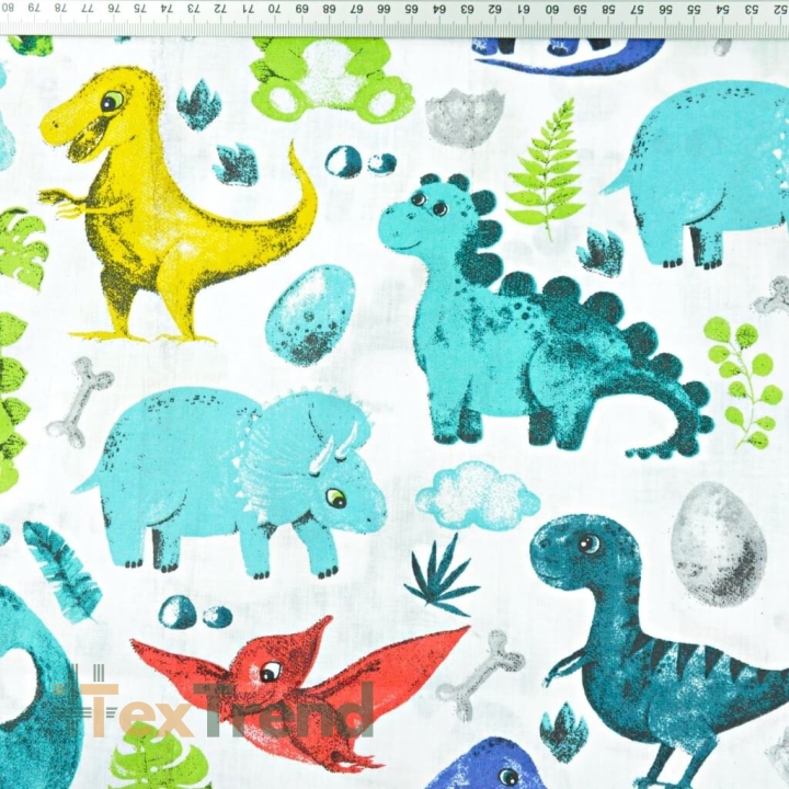 Baumwolle 100% Dinosaurier mit rotem Pterodaktylus auf weißem Hintergrund  