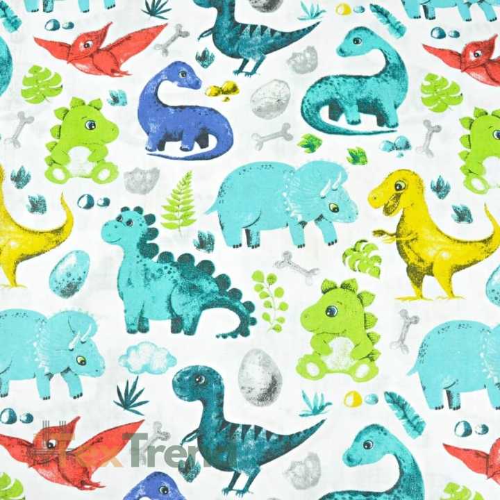 Baumwolle 100% Dinosaurier mit rotem Pterodaktylus auf weißem Hintergrund  