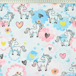 Baumwolle 100% Einhörner mit blau-rosa Wolken auf weißem Hintergrund  