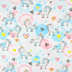 Baumwolle 100% Einhörner mit blau-rosa Wolken auf weißem Hintergrund  