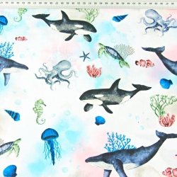 Baumwolle 100% Wale und Orcas im bunten Ozean  