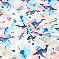 Baumwolle 100% Wale und Orcas im bunten Ozean  