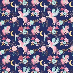 100% Baumwolle rosa Einhörner mit Kolibris auf navy Hintergrund  