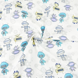 Baumwolle 100% Roboter blau-gelb auf weißem Hintergrund  