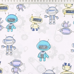 Baumwolle 100% Roboter blau-gelb auf weißem Hintergrund  