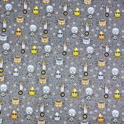 Baumwolle 100% Roboter himmelblau-gelb auf grauem Hintergrund  