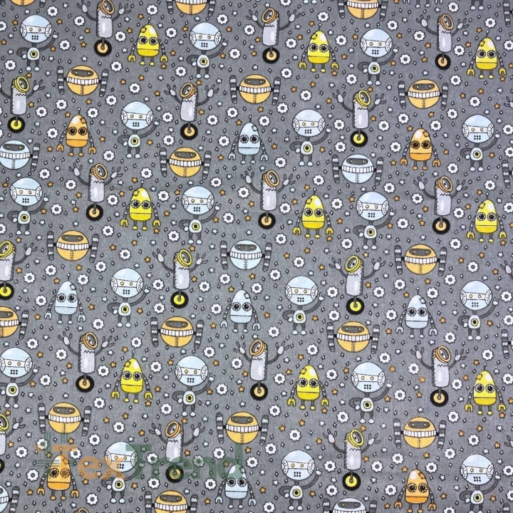 Baumwolle 100% Roboter himmelblau-gelb auf grauem Hintergrund  