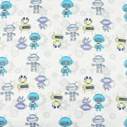 Baumwolle 100% Roboter blau-gelb auf weißem Hintergrund  