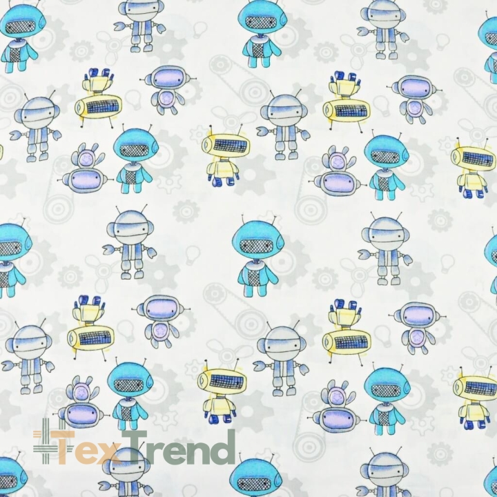 100% Baumwolle Roboter blau-gelb auf weißem Hintergrund