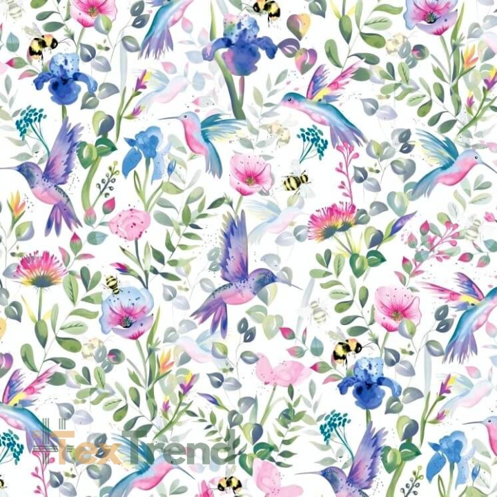 100% Baumwolle Kolibris rosa-grün auf einer Wiese auf weißem Hintergrund  