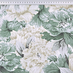 Baumwolle 100% Pfingstrosen in salbeifarbenen Blättern  