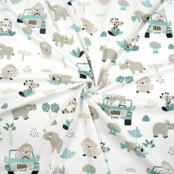 Baumwolle 100% Safari-Tiere salbeigrün auf weißem Hintergrund  