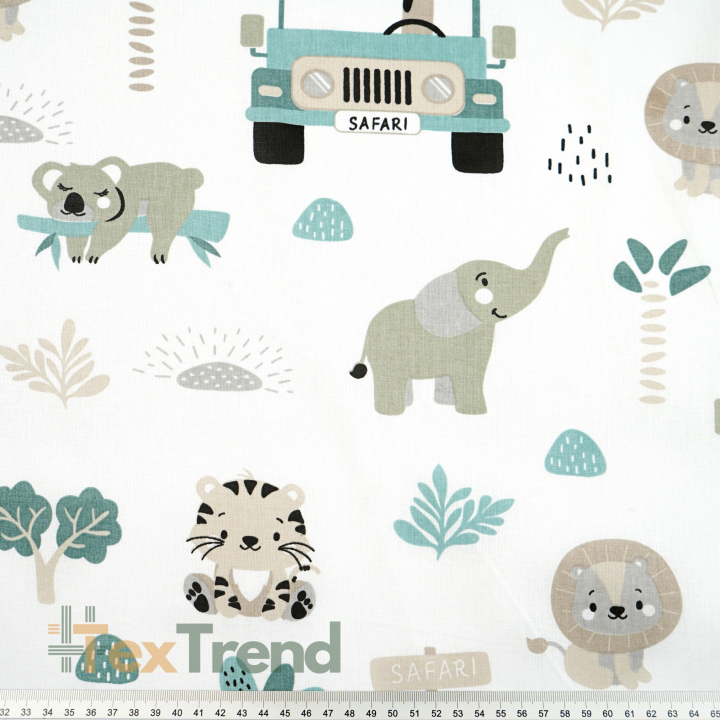 Baumwolle 100% Safari-Tiere salbeigrün auf weißem Hintergrund  
