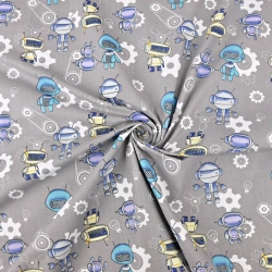 Baumwolle 100% Roboter blau-gelb auf grauem Hintergrund  