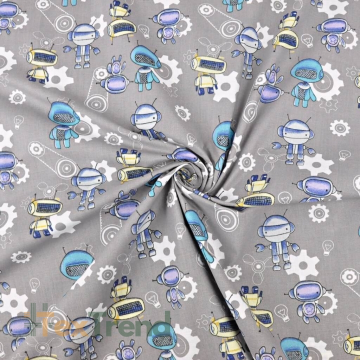Baumwolle 100% Roboter blau-gelb auf grauem Hintergrund  