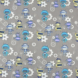 Baumwolle 100% Roboter blau-gelb auf grauem Hintergrund  