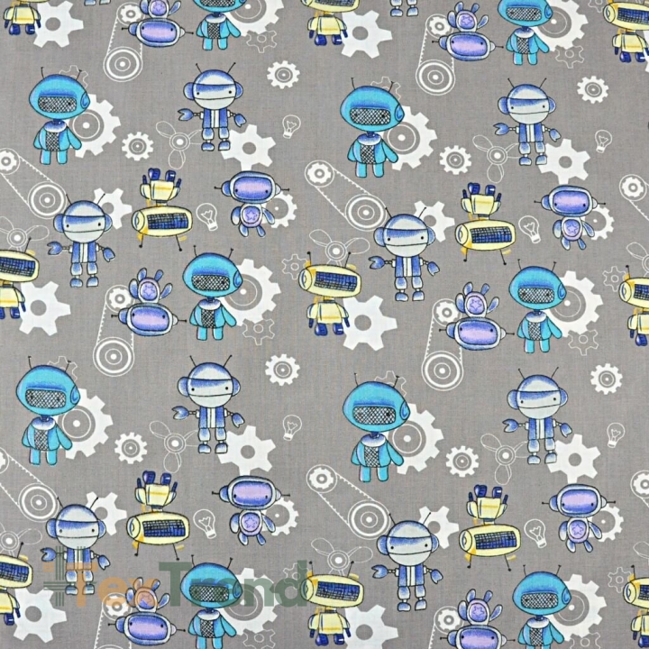 Baumwolle 100% Roboter blau-gelb auf grauem Hintergrund  