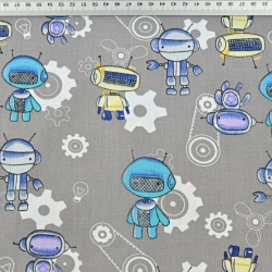 Baumwolle 100% Roboter blau-gelb auf grauem Hintergrund  