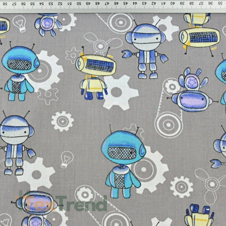 Baumwolle 100% Roboter blau-gelb auf grauem Hintergrund  