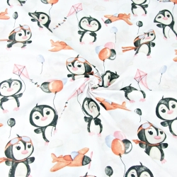 Baumwolle 100% Pinguine mit rosa-braunen Luftballons auf weißem Hintergrund  