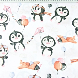 Baumwolle 100% Pinguine mit rosa-braunen Luftballons auf weißem Hintergrund  