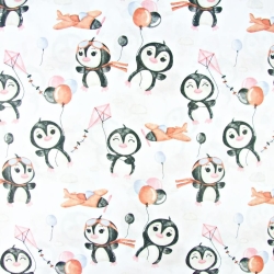 Baumwolle 100% Pinguine mit rosa-braunen Luftballons auf weißem Hintergrund  