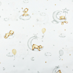 100% Baumwolle schlafende Bären auf Monden mit Luftballons auf weißem Hintergrund  