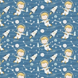 Baumwolle 100% Astronauten mit Raketen auf jeansblauem Hintergrund  