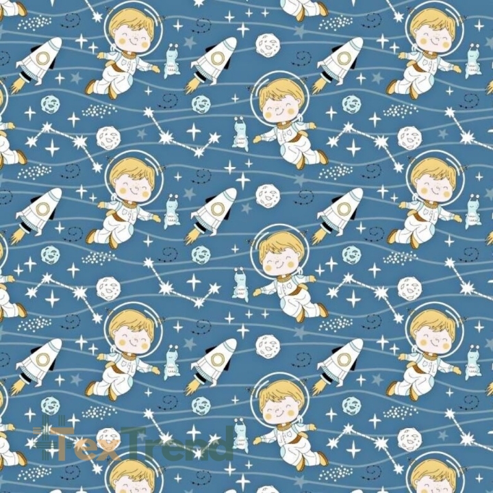 Baumwolle 100% Astronauten mit Raketen auf jeansblauem Hintergrund  