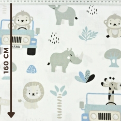 Baumwolle 100% Safari-Tiere blau auf weißem Hintergrund  