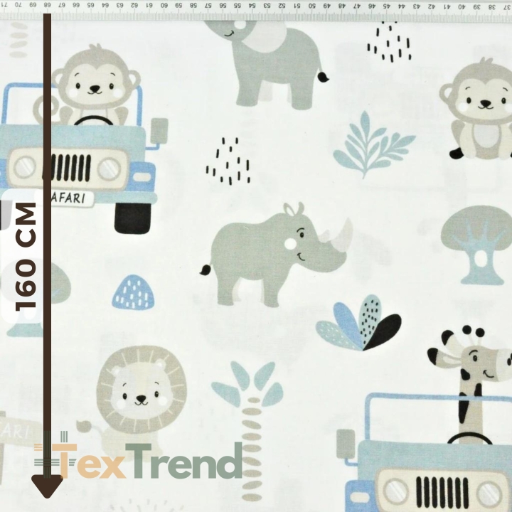 Baumwolle 100% Safari-Tiere blau auf weißem Hintergrund