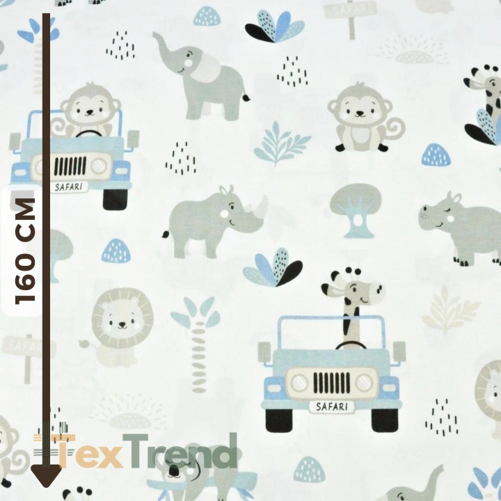 Baumwolle 100% Safari-Tiere blau auf weißem Hintergrund