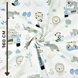 Baumwolle 100% Safari-Tiere blau auf weißem Hintergrund  