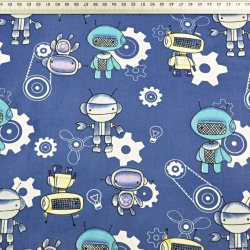 Baumwolle 100% Roboter blau-gelb auf jeansfarbenem Hintergrund  