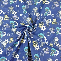 Baumwolle 100% Roboter blau-gelb auf jeansfarbenem Hintergrund  