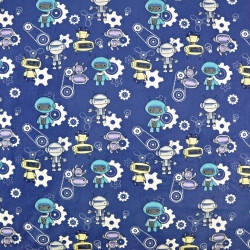 Baumwolle 100% Roboter blau-gelb auf jeansfarbenem Hintergrund  