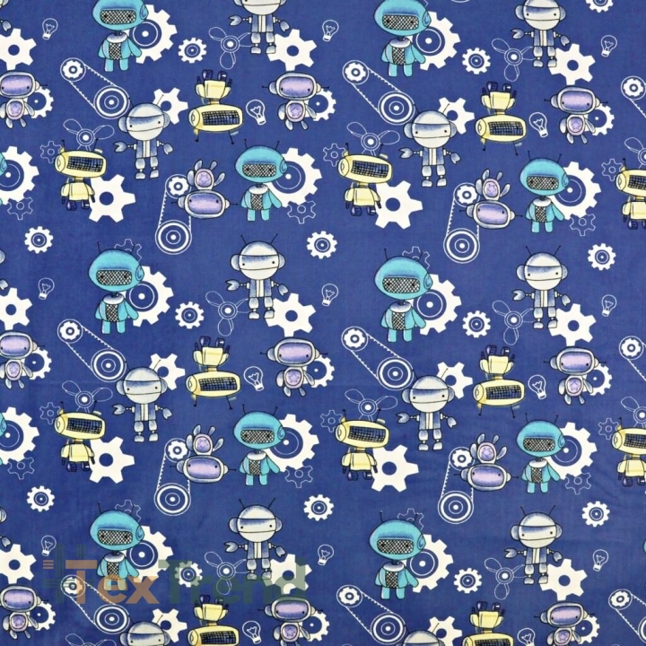 Baumwolle 100% Roboter blau-gelb auf jeansfarbenem Hintergrund  